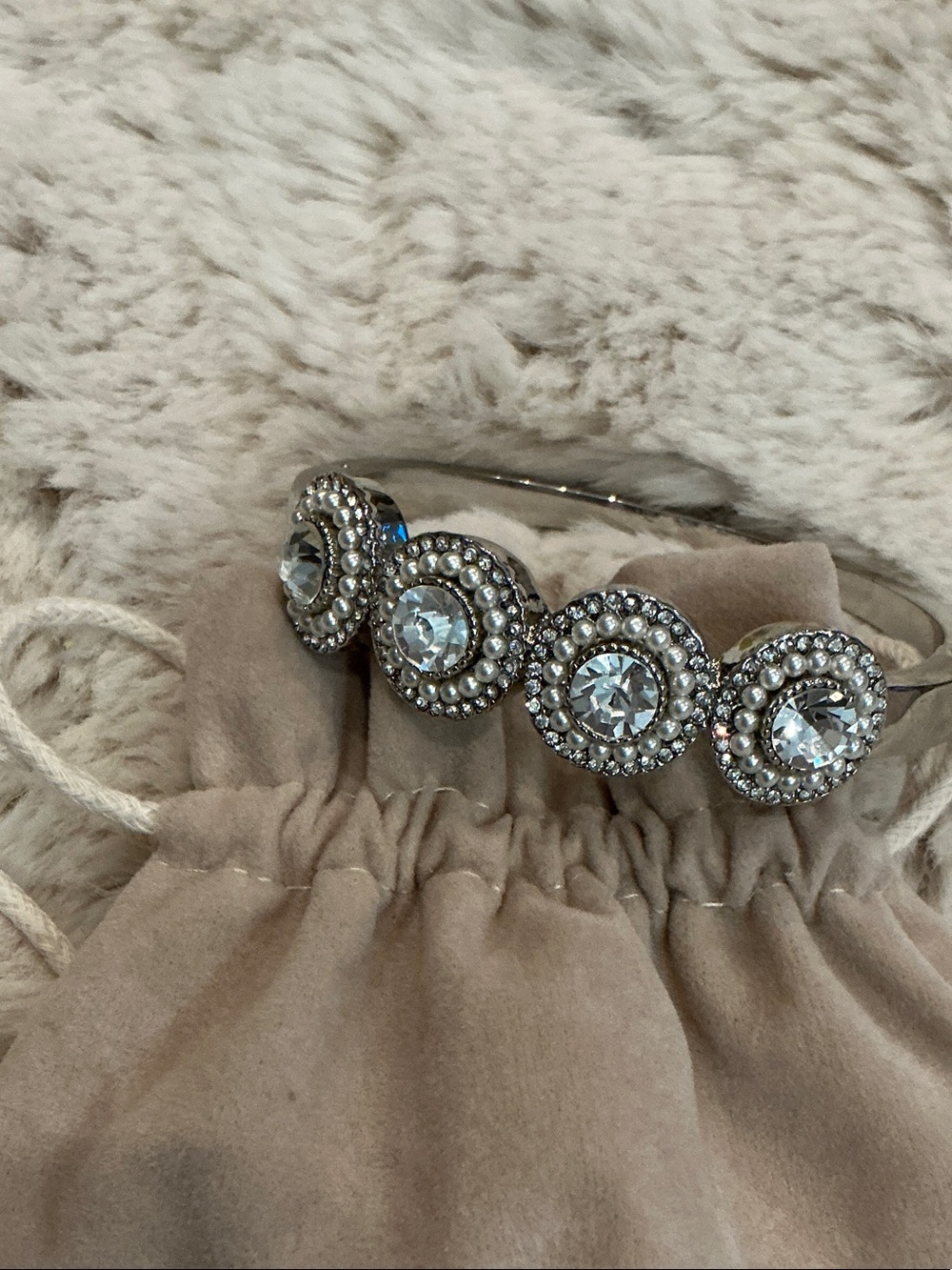Vintage Crystal & Faux Pearl Medallion Silver-Tone Hinged Bangle Bracelet